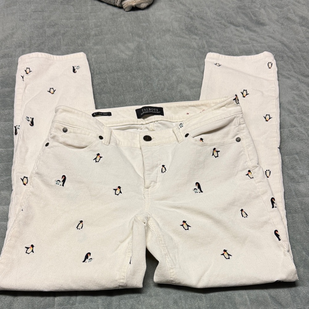 Talbots 5 Pocket Jeans, White Corduroy, Penguins, Christmas, Winter, Size 4